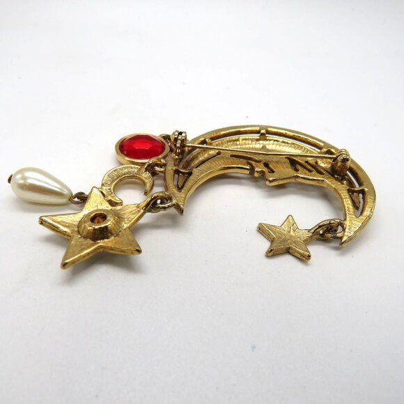 Juliana Man in the Moon Brooch Item 3737 Gold Tone Red Crystal Dangle Charms - Picture 8 of 11